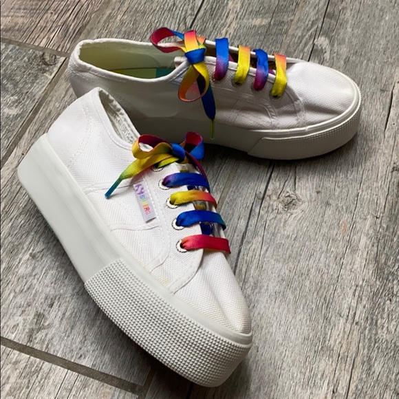 white shoes with rainbow laces
